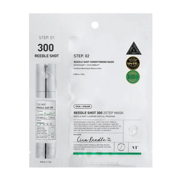 Masque visage coréen Mild Reedle Shot 300 2-Step Mask de VT Cosmetics, ampoule micro-needling végétal hydratante