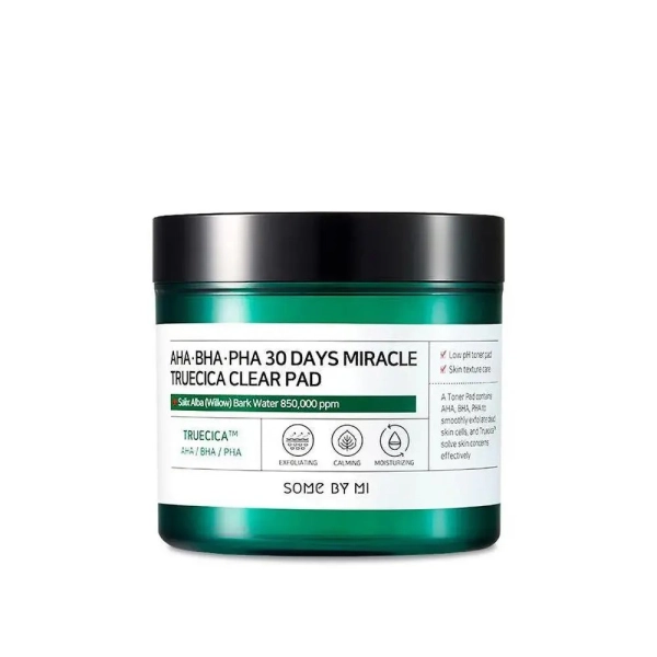 pad exfoliants coréens AHA-BHA-PHA 30 Days Miracle Truecica Clear Pad pour purifier les pores et apaiser la peau avec Truecica
