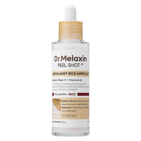 Peel Shot Exfoliating White Rice Ampoule DR MELAXIN, exfoliant chimique et mécanique coréen qui illumine le visage