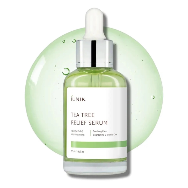 Sérum apaisant Tea Tree Relief Serum de IUNIK au tea tree et à la centella pour calmer, hydrater et purifier la peau.