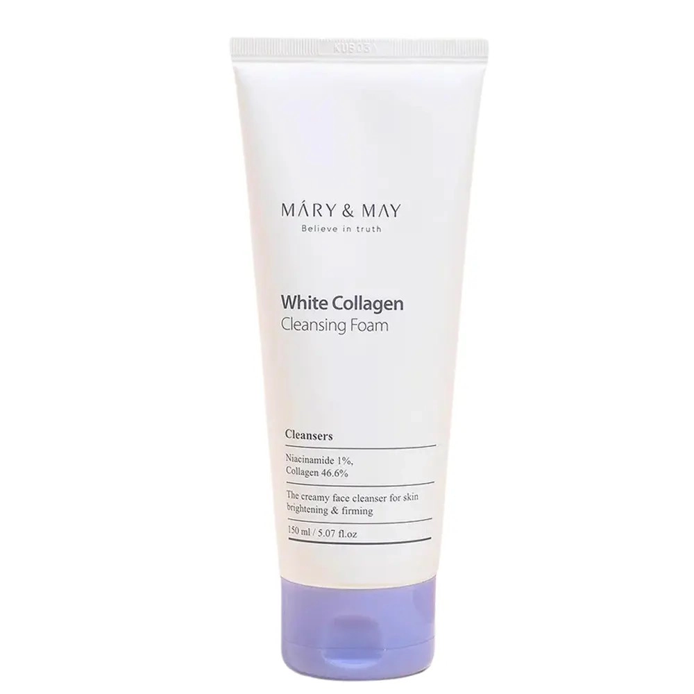 Nettoyant White Collagen Cleansing Foam de Mary & May, mousse coréenne au collagène pour nettoyer et lisser la peau.