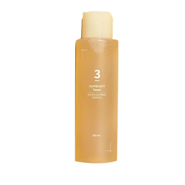 Tonique Toner 3 Super Glowing Essence de Numbuzin, soin coréen éclat pour lisser et illuminer la peau.