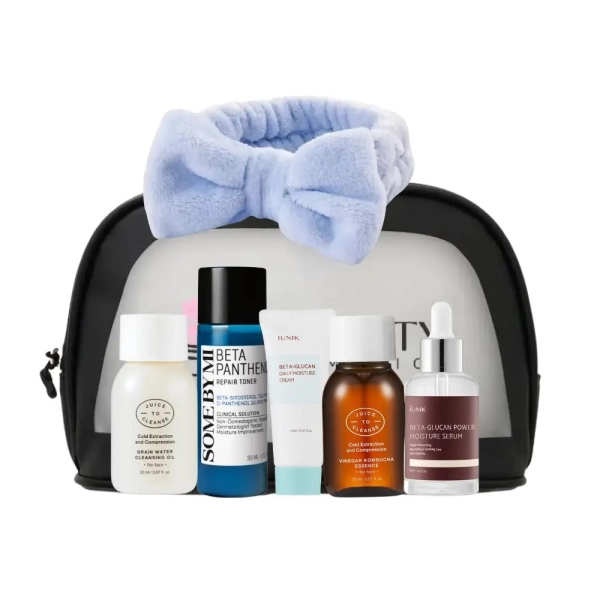 Kit mini routine coréenne peau sèche : kombucha, bêta-glucan, panthénol, trousse et serre-tête.