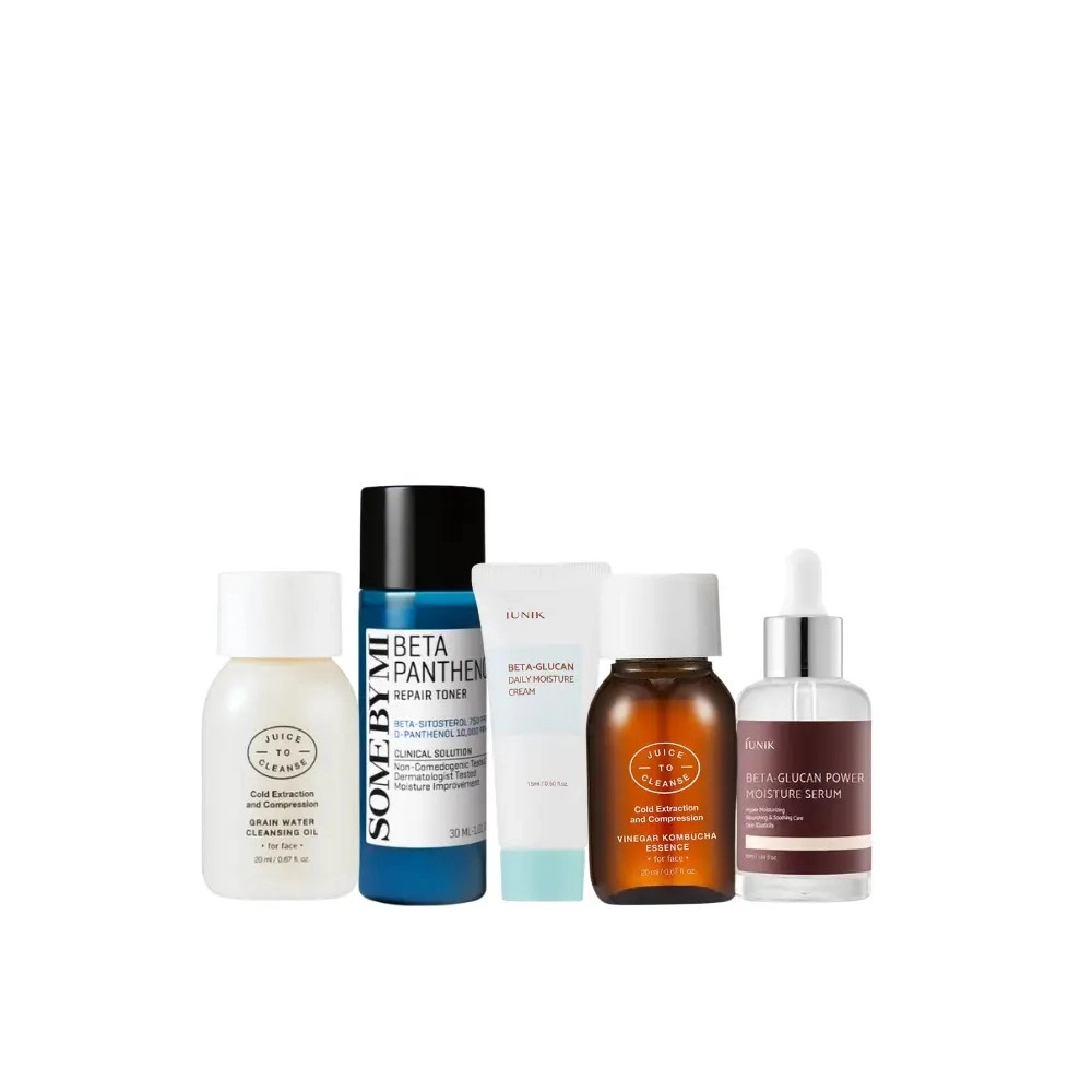 Kit mini routine coréenne peau sèche : kombucha, bêta-glucan, panthénol, trousse et serre-tête.