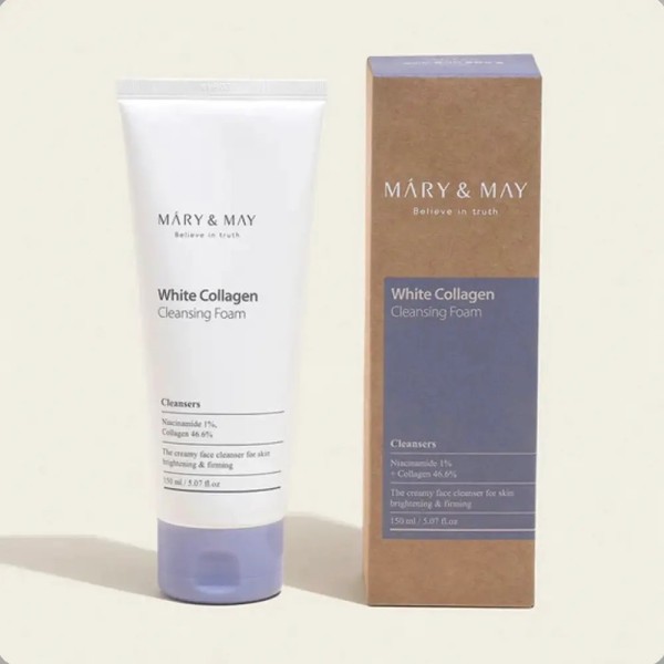 Nettoyant White Collagen Cleansing Foam de Mary & May, mousse coréenne au collagène pour nettoyer et lisser la peau.