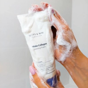 Nettoyant White Collagen Cleansing Foam de Mary & May, mousse coréenne au collagène pour nettoyer et lisser la peau.