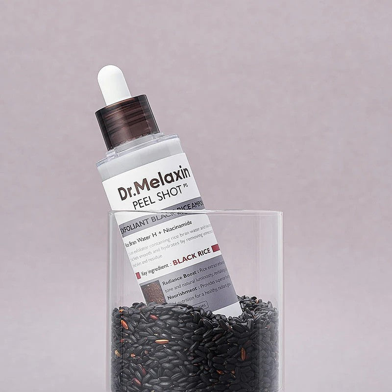 Peel Shot Exfoliating Black Rice Ampoule soin coréen de DR MELAXIN pour exfolier en douceur et illuminer le visage