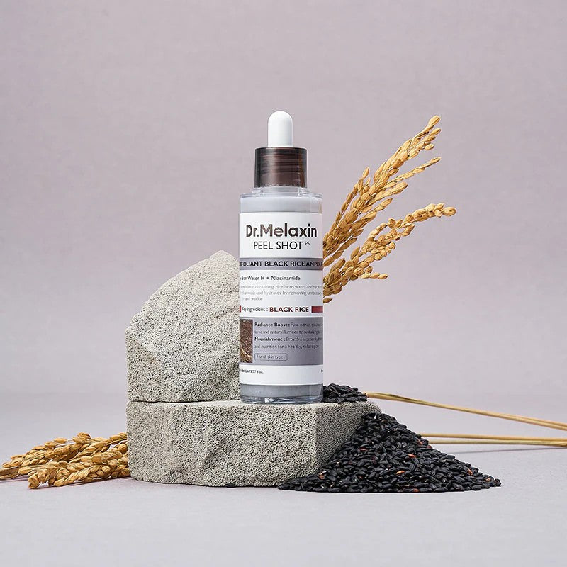 Peel Shot Exfoliating Black Rice Ampoule soin coréen de DR MELAXIN pour exfolier en douceur et illuminer le visage