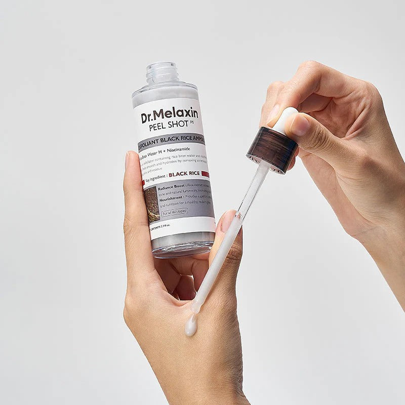 Peel Shot Exfoliating Black Rice Ampoule soin coréen de DR MELAXIN pour exfolier en douceur et illuminer le visage