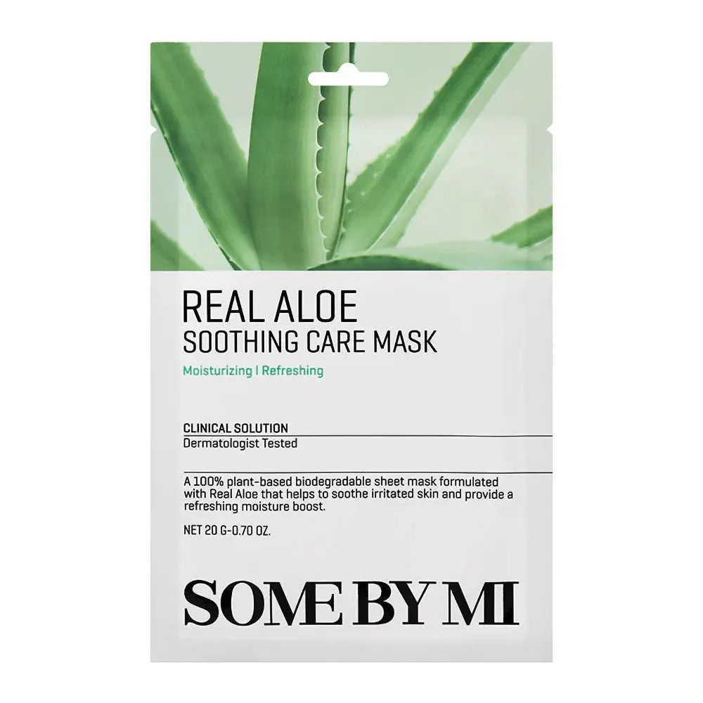 Masque Real Aloe Soothing Care Mask de Some By Mi, soin coréen hydratant à l’aloe vera pour apaiser et rafraîchir la peau.