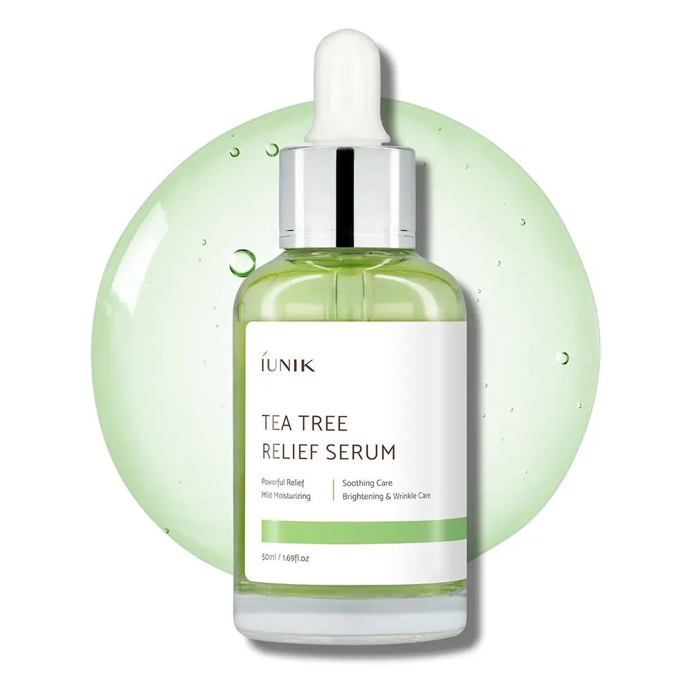 Sérum apaisant Tea Tree Relief Serum de IUNIK au tea tree et à la centella pour calmer, hydrater et purifier la peau.