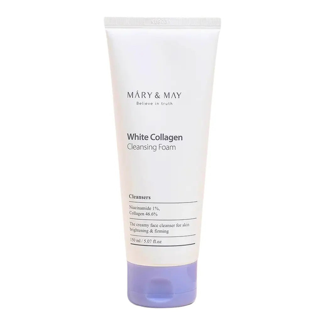 Nettoyant White Collagen Cleansing Foam de Mary & May, mousse coréenne au collagène pour nettoyer et lisser la peau.