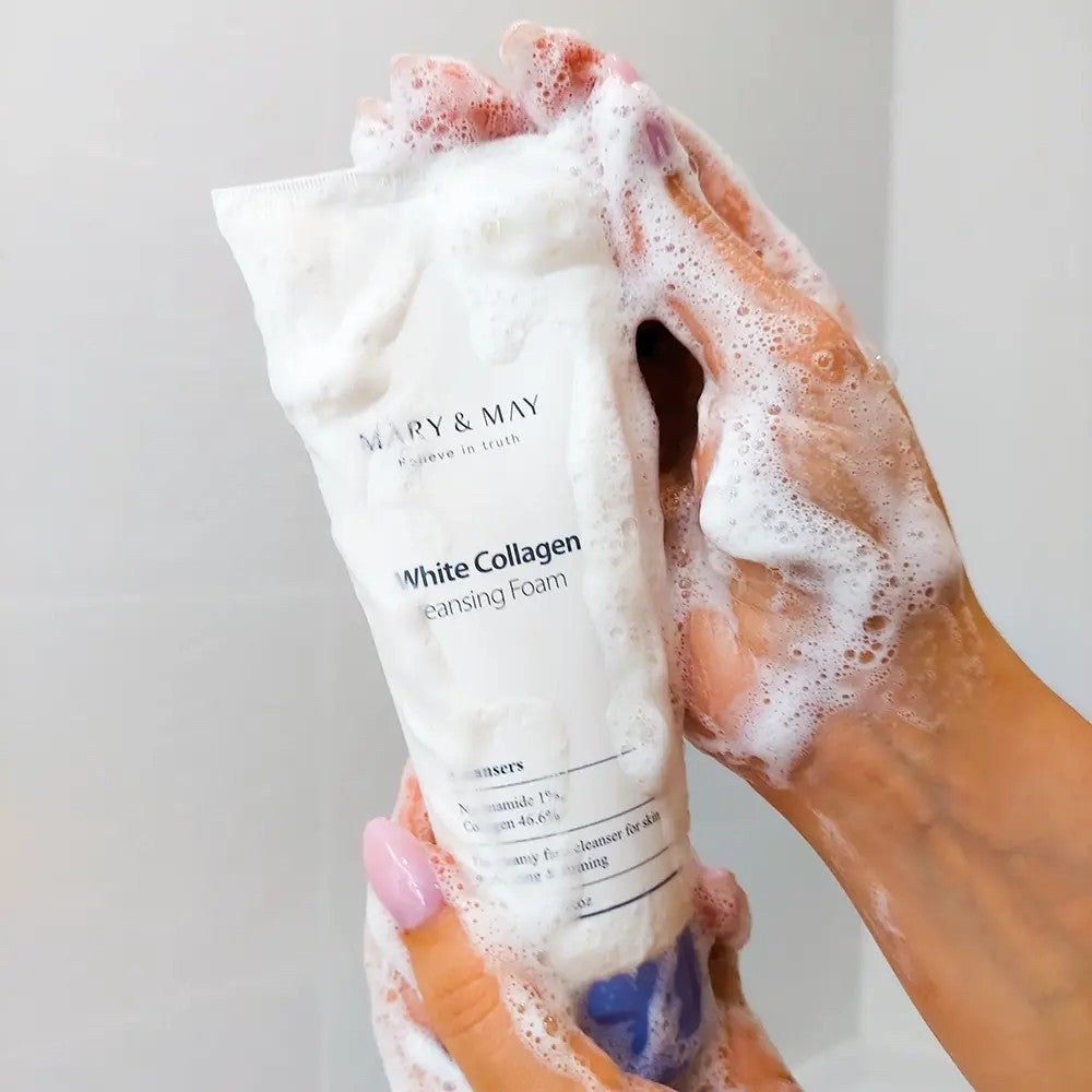Nettoyant White Collagen Cleansing Foam de Mary & May, mousse coréenne au collagène pour nettoyer et lisser la peau.