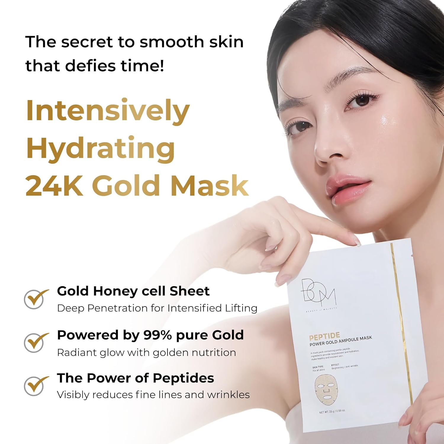 Beauty of Majesty Peptide Power Gold Ampoule Mask, masque tissu à l'or anti-âge coréen K Beauty Cosmetics