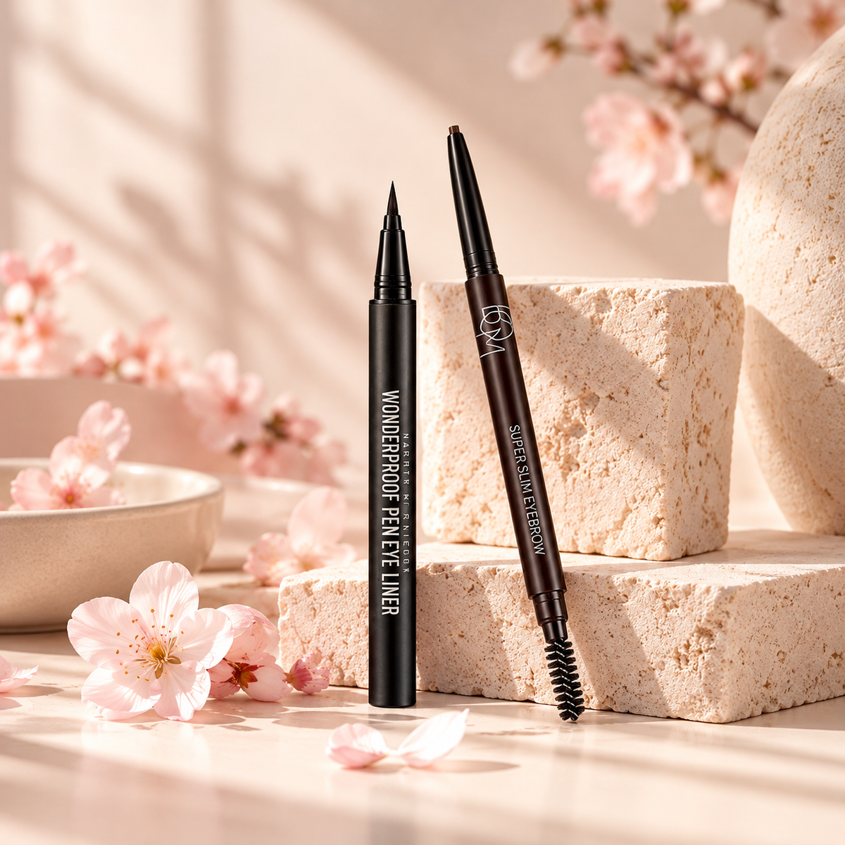 Duo Eyes Beauty of Majesty, eyeliner feutre et crayon à sourcils coréens dans un décor de fleurs de cerisier