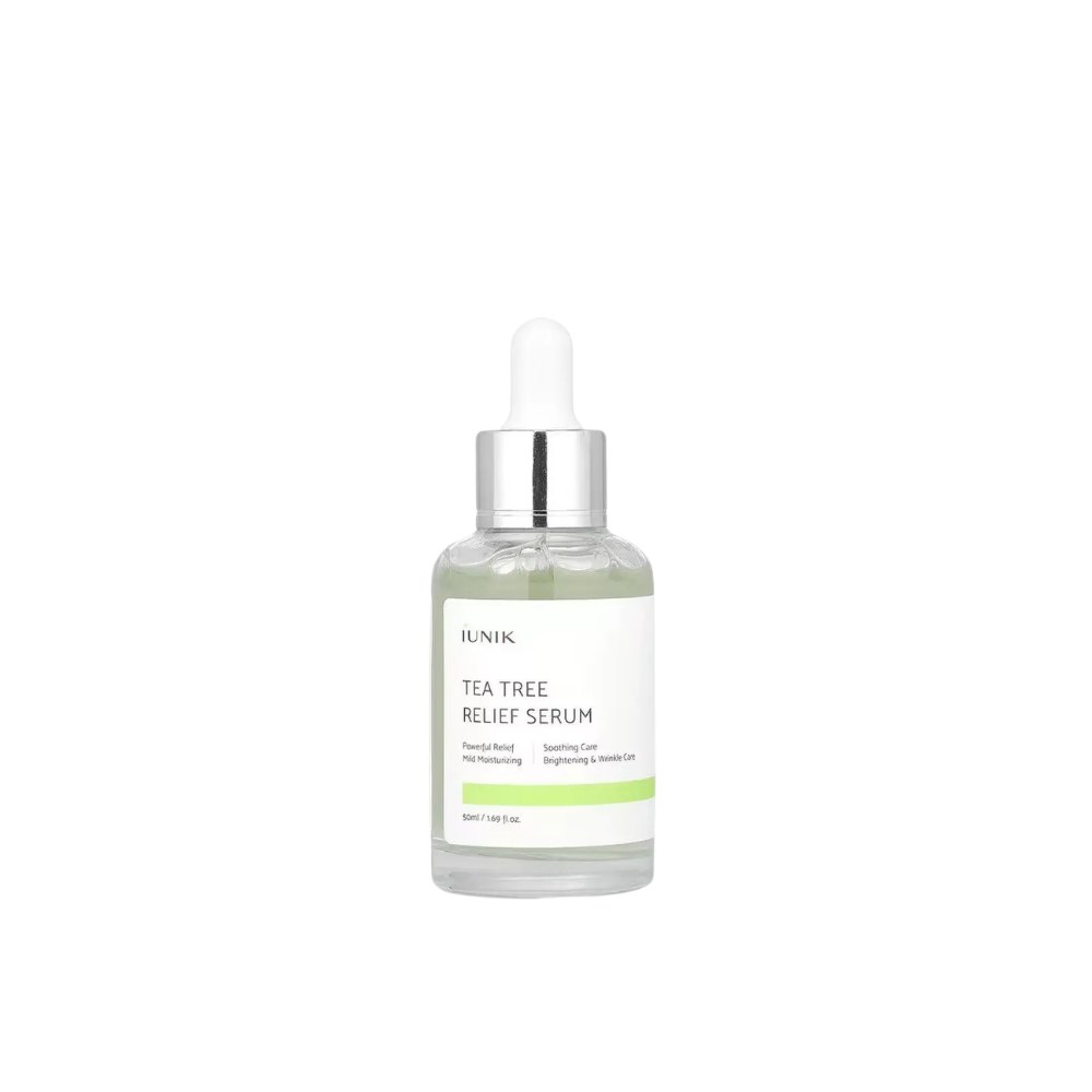 Sérum apaisant Tea Tree Relief Serum de IUNIK au tea tree et à la centella pour calmer, hydrater et purifier la peau.