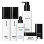 Pack REPOVE Complet Set : 6G AB Solution (Solution A et Solution B), HydroDNA 95 Ampoule, Whole Body Wash Essence, R.E.P Cream et R.E.P Whole Body Stick sur fond blanc