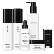 Pack REPOVE Complet Set : 6G AB Solution (Solution A et Solution B), HydroDNA 95 Ampoule, Whole Body Wash Essence, R.E.P Cream et R.E.P Whole Body Stick sur fond blanc