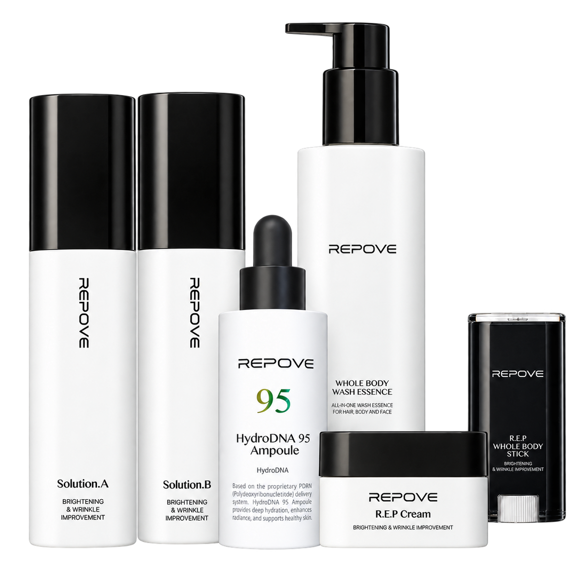 Pack REPOVE Complet Set : 6G AB Solution (Solution A et Solution B), HydroDNA 95 Ampoule, Whole Body Wash Essence, R.E.P Cream et R.E.P Whole Body Stick sur fond blanc