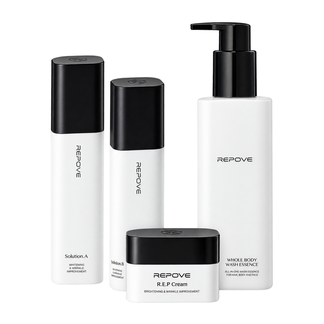 Pack REPOVE Essentials : 6G AB Solution (Solution A et Solution B), R.E.P Cream et Whole Body Wash Essence sur fond blanc