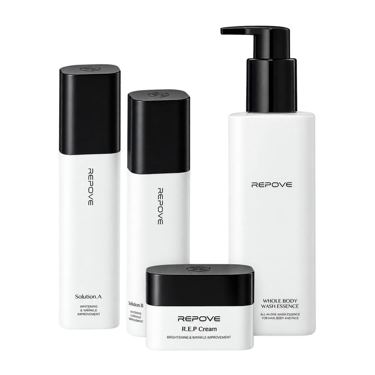 Pack REPOVE Essentials : 6G AB Solution (Solution A et Solution B), R.E.P Cream et Whole Body Wash Essence sur fond blanc