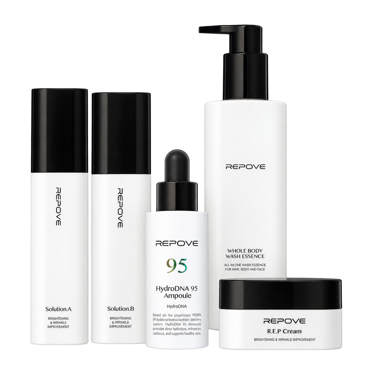 Pack REPOVE Essentials + : 6G AB Solution (Solution A et Solution B), HydroDNA 95 Ampoule, Whole Body Wash Essence et R.E.P Cream sur fond blanc