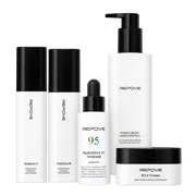 Pack REPOVE Essentials + : 6G AB Solution (Solution A et Solution B), HydroDNA 95 Ampoule, Whole Body Wash Essence et R.E.P Cream sur fond blanc