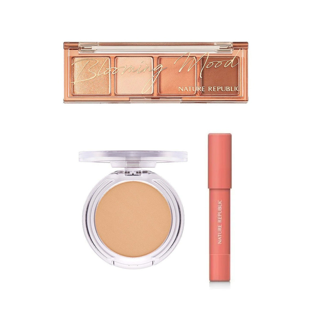 Avantage Pack Make Up Nature Republic : palette Daily Basic Palette, poudre By Flower Contouring et crayon By Flower Eco Crayon Lip Velvet, sur fond blanc