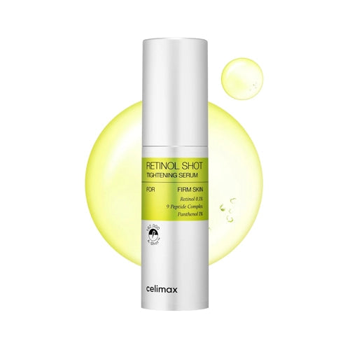 Célimax The Vita A Retinol Shot Tightening Serum 30 ml, flacon pompe et goutte de sérum rétinol, soin coréen K Beauty Cosmetics