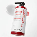 Flacon Medicube Hypochlorous Acid Body Peel Shot 280 ml et texture gel, peeling corps coréen K Beauty Cosmetics