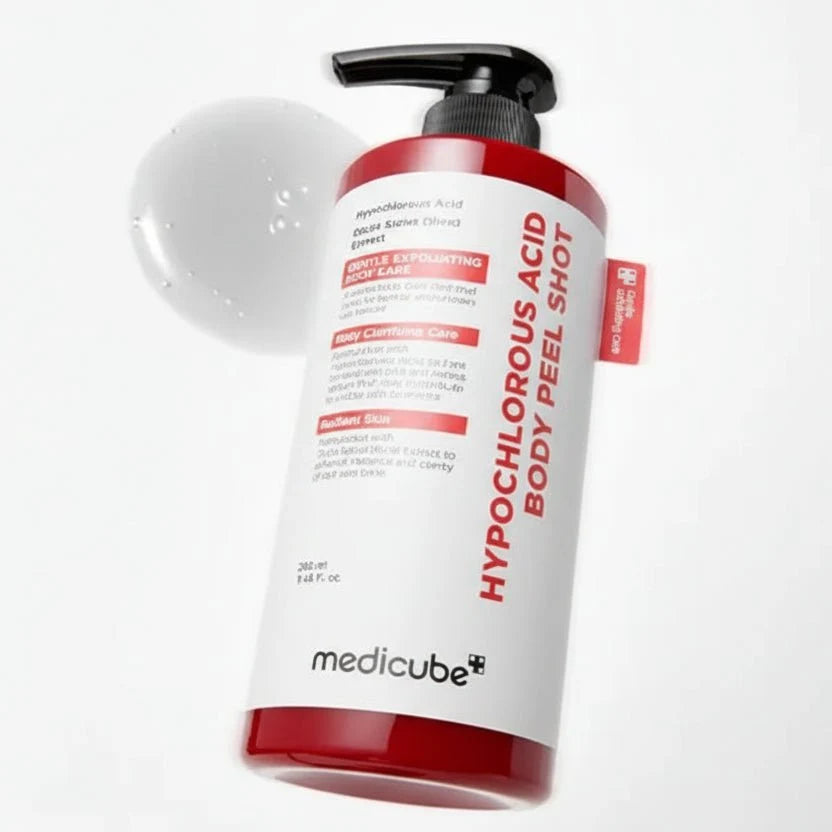 Flacon Medicube Hypochlorous Acid Body Peel Shot 280 ml et texture gel, peeling corps coréen K Beauty Cosmetics