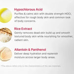 Ingrédients du Medicube Body Peel Shot, acide hypochloreux, riz, allantoïne et panthénol, K Beauty Cosmetics