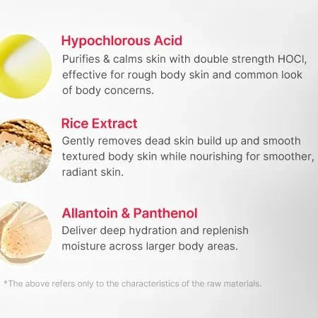 Ingrédients du Medicube Body Peel Shot, acide hypochloreux, riz, allantoïne et panthénol, K Beauty Cosmetics