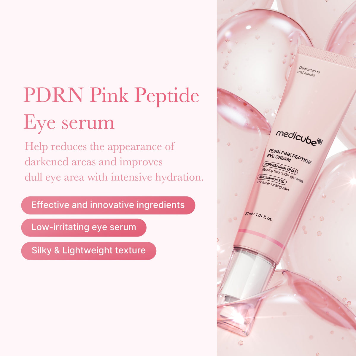 Medicube PDRN Pink Peptide Eye Cream 30 ml, bienfaits annoncés par la marque pour le regard fatigué, soin coréen K Beauty Cosmetics