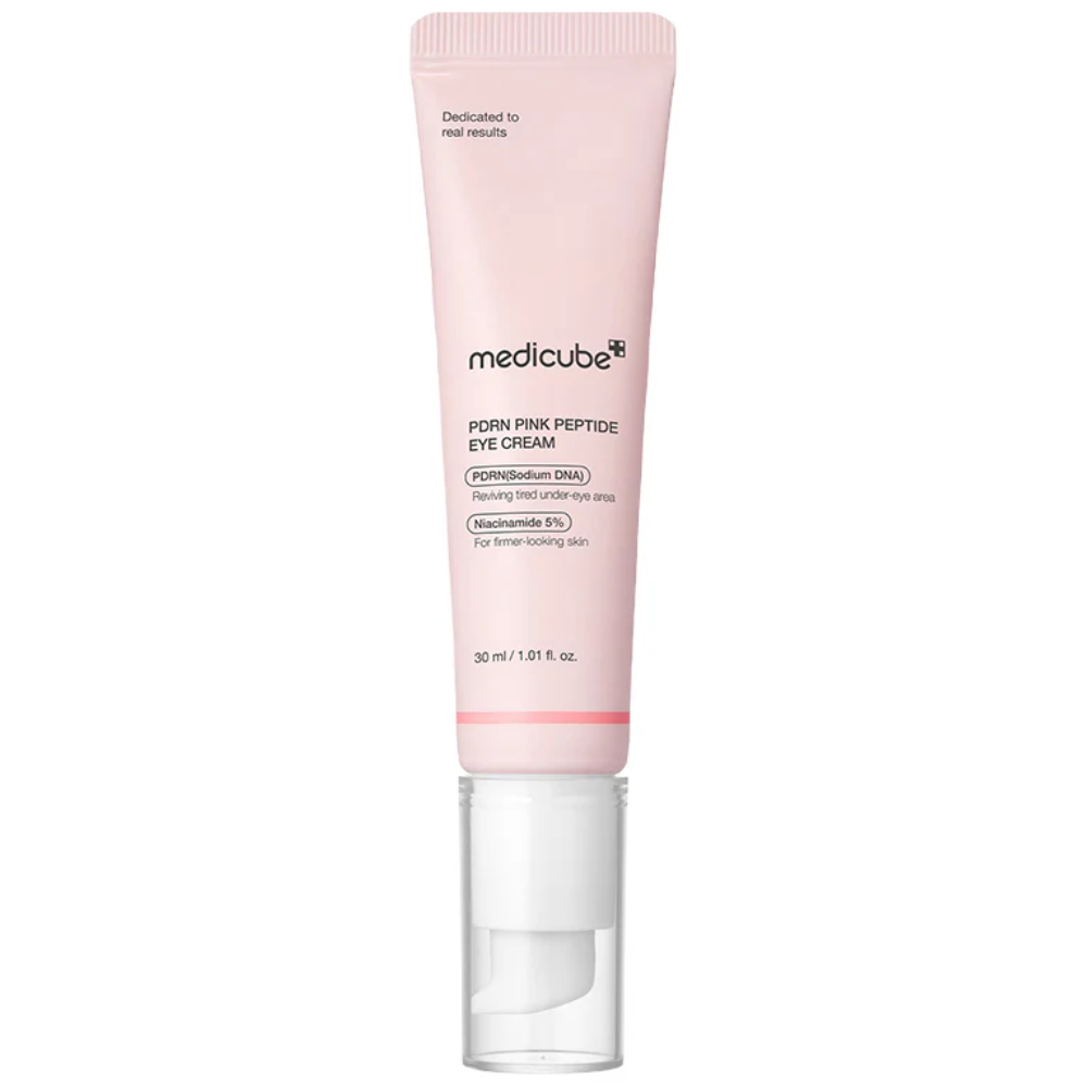 Medicube PDRN Pink Peptide Eye Cream 30 ml, crème contour des yeux en tube, packshot, soin coréen K Beauty Cosmetics