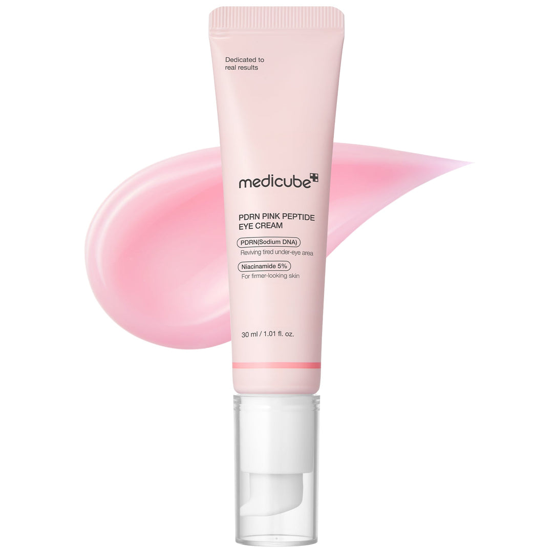 Medicube PDRN Pink Peptide Eye Cream 30 ml, tube et texture rose de la crème contour des yeux, soin coréen K Beauty Cosmetics