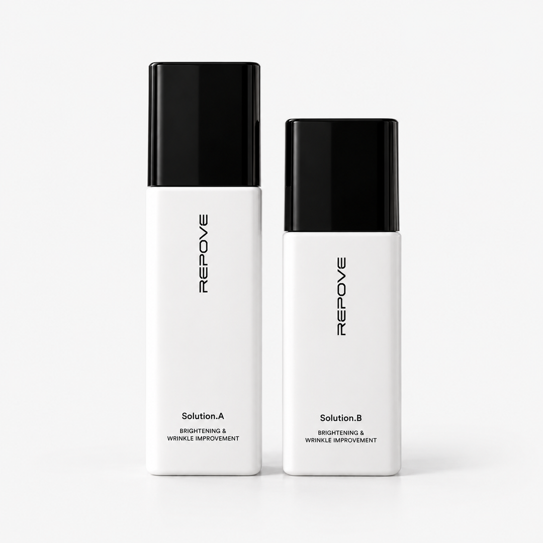 REPOVE 6G AB Solution Brightening & Wrinkle Improvement, flacons Solution A et Solution B, packshot sur fond clair