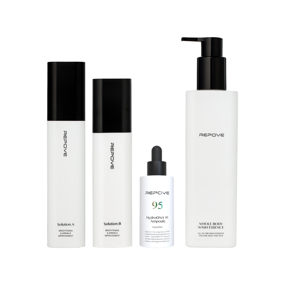 Pack REPOVE Essentiel + : 6G AB Solution (Solution A et Solution B), HydroDNA 95 Ampoule et Whole Body Wash Essence, packshot sur fond blanc
