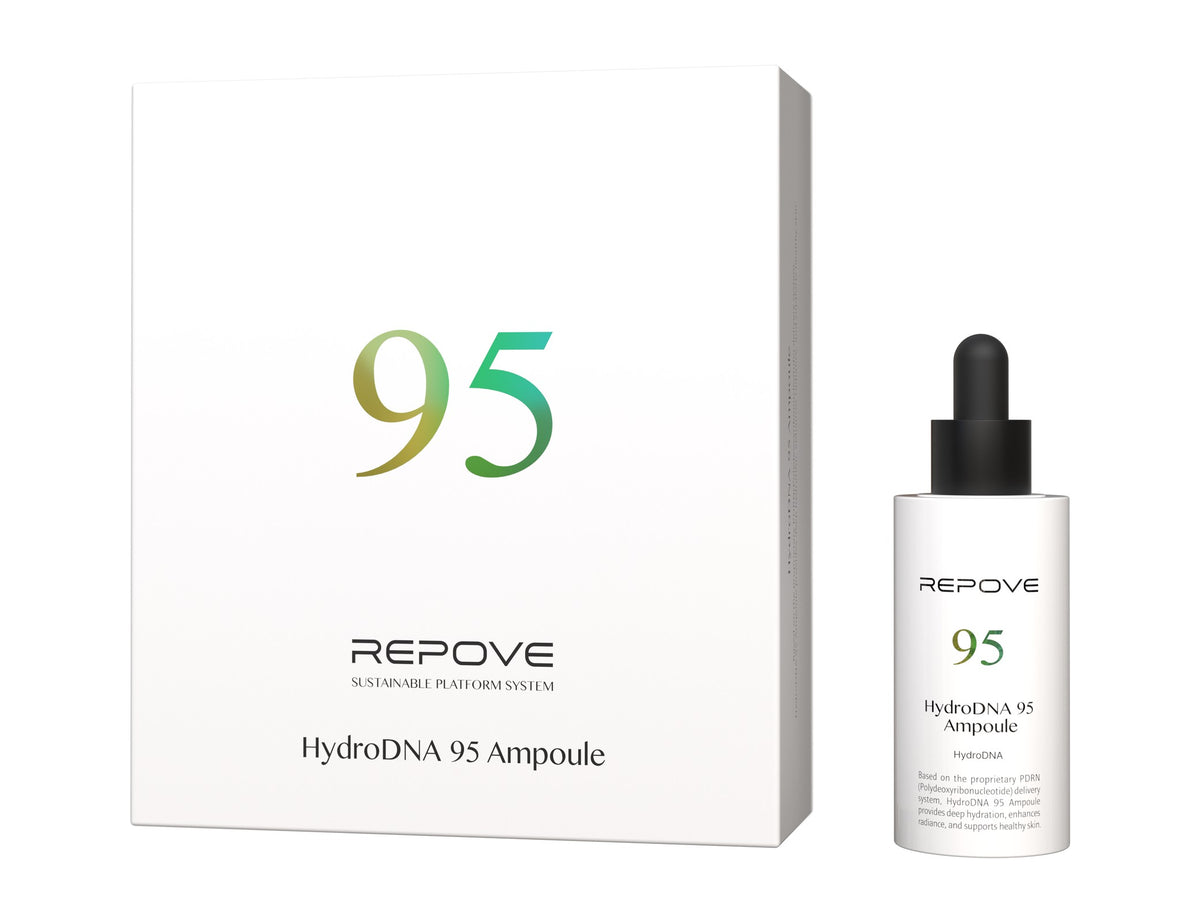 REPOVE HydroDNA 95 Ampoule, coffret et flacon compte-gouttes, packshot sur fond blanc