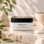 Pot REPOVE R.E.P Cream Brightening & Wrinkle Improvement sur une pierre claire, avec une noisette de crème